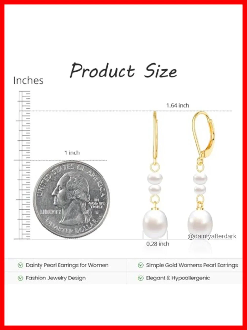 14K Gold Plated Dangle Pearl Drop Earrings Non Tarnish Waterproof